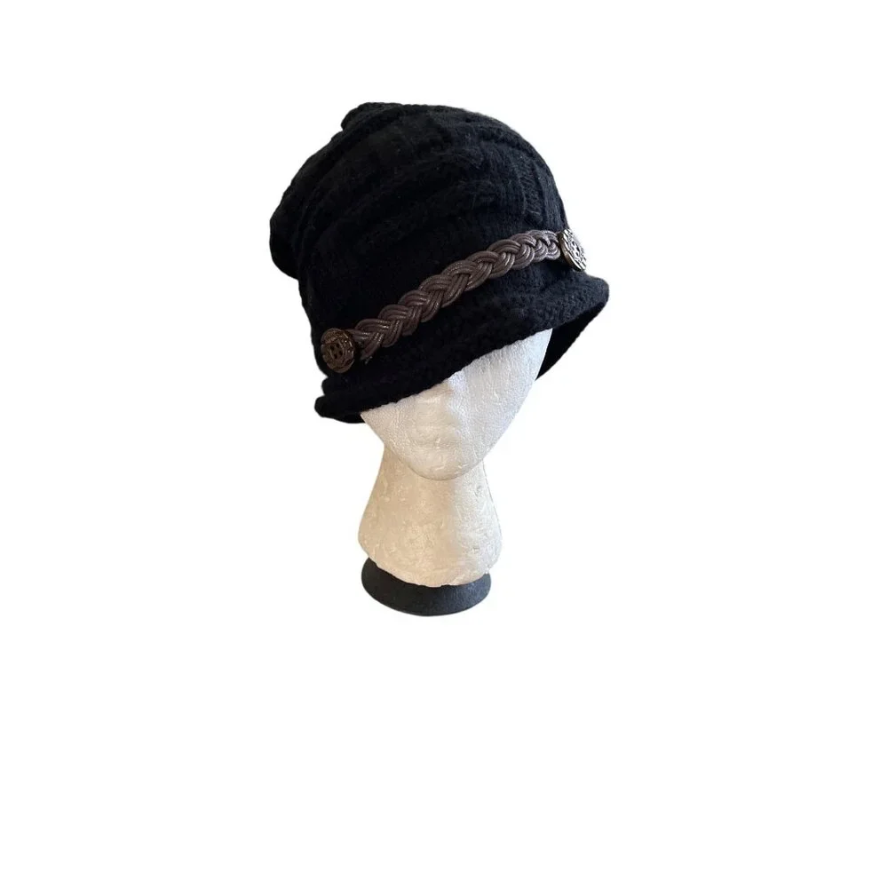 Black beenie toboggan hat with brown beading and buttons in front